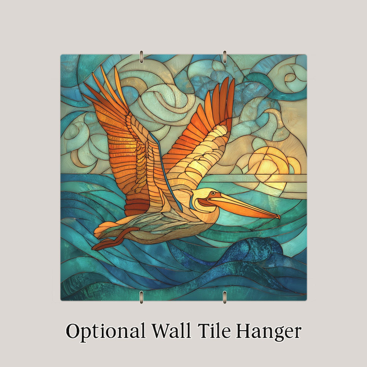 Pelican Ceramic Tile Wall Art – Stained Glass Style Coastal Wall Decor, Ocean Bird Home Decor Gift
