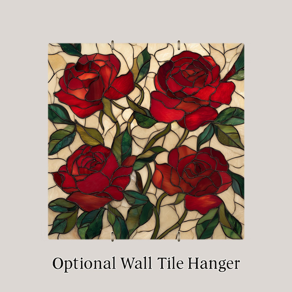 Red Rose Ceramic Art Tile – Stained Glass Style Floral Wall Decor, Romantic Botanical Garden Gift