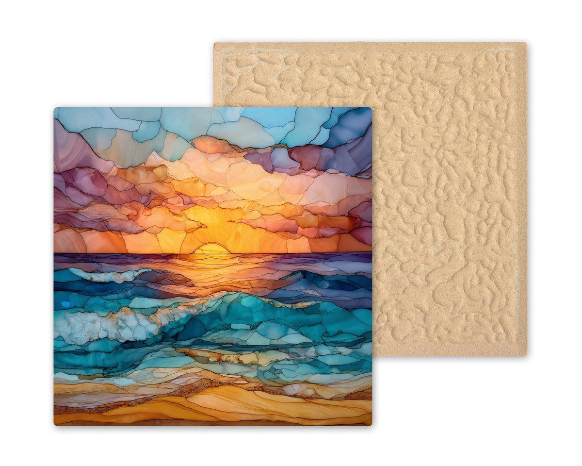 Ocean Sunset Stained Glass Style Ceramic Art Tile: Coastal Wall Decor Beach House Accent Ocean Home Decor Wall Art