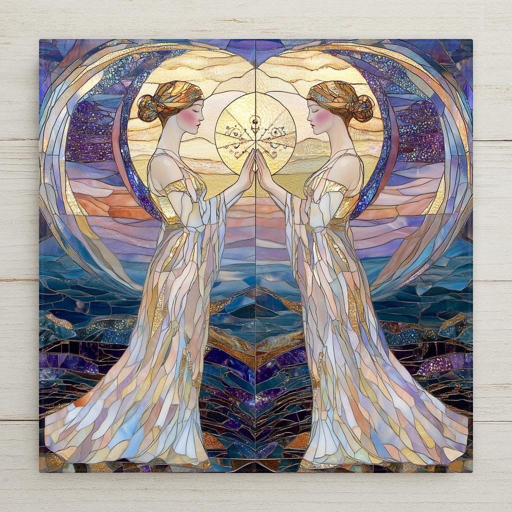 Stained glass style ceramic art tile of two mirror image Gemini twin goddesses in art nouveau style against a celestial sky, zodiac astrology wall decor in purple gold and blue.