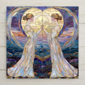 Stained glass style ceramic art tile of two mirror image Gemini twin goddesses in art nouveau style against a celestial sky, zodiac astrology wall decor in purple gold and blue.
