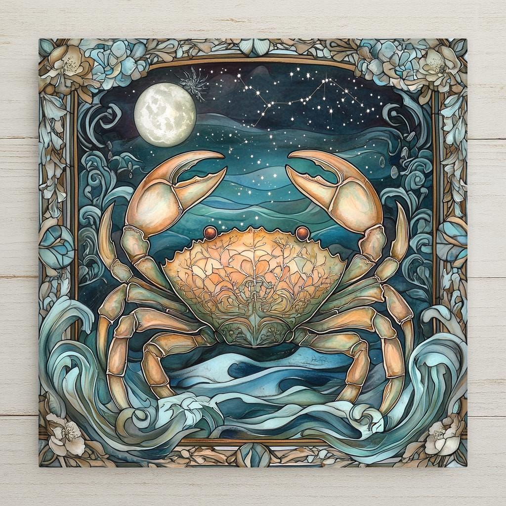 Stained glass style ceramic art tile of a crab under a full moon with the Cancer constellation and ocean waves in teal and blue, celestial coastal zodiac astrology wall decor.