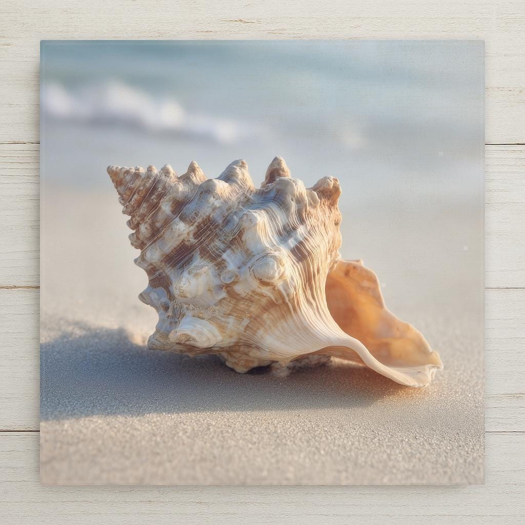 A serene seashell ceramic tile featuring a softly lit spiral shell resting on smooth beach sand. This coastal wall decor showcases neutral tones and natural textures, printed as a permanent high-resolution image on ceramic using fade-resistant inks. Designed for wall or tabletop display with optional cork backing, tile wall hanger, easel stand, or premium frame.