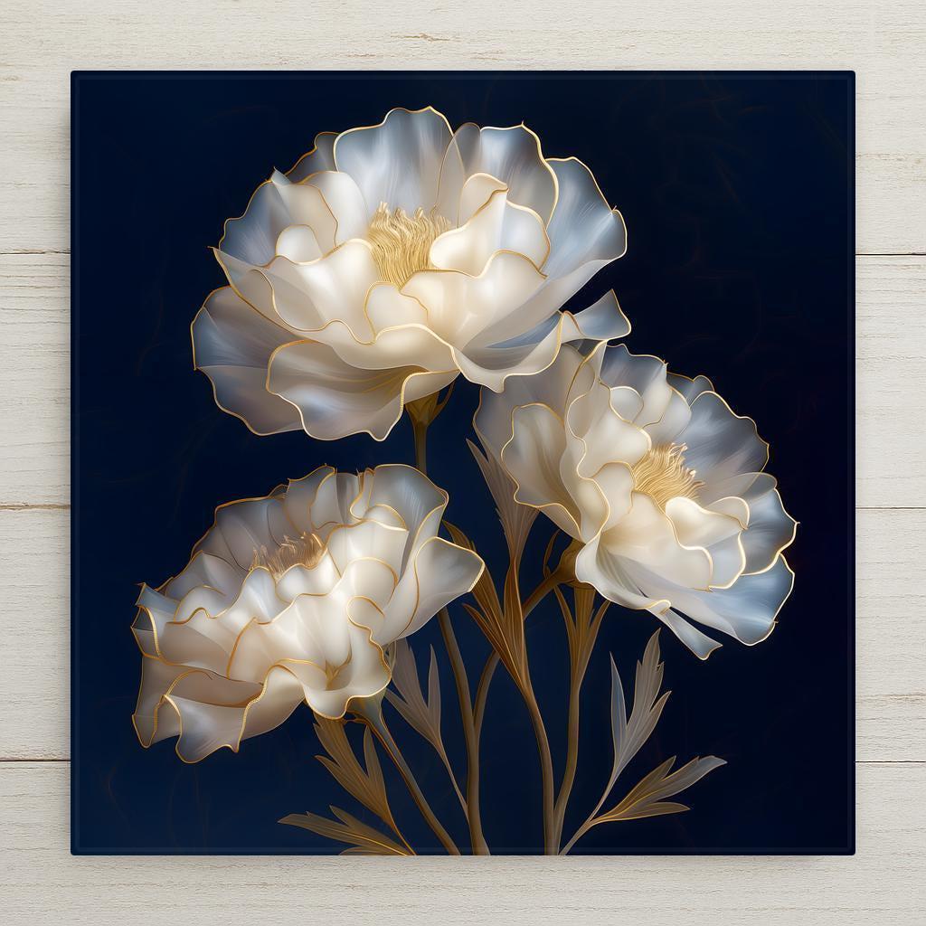 Three white carnations with soft golden centers in stained glass style against a deep navy blue background, ceramic tile wall art.