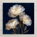Three white carnations with soft golden centers in stained glass style against a deep navy blue background, ceramic tile wall art.