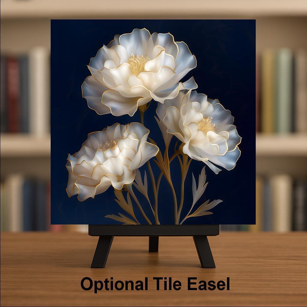 White Carnation Wall Art Ceramic Tile Stained Glass Style Floral Decor Elegant Ivory Botanical Home Gift Tile