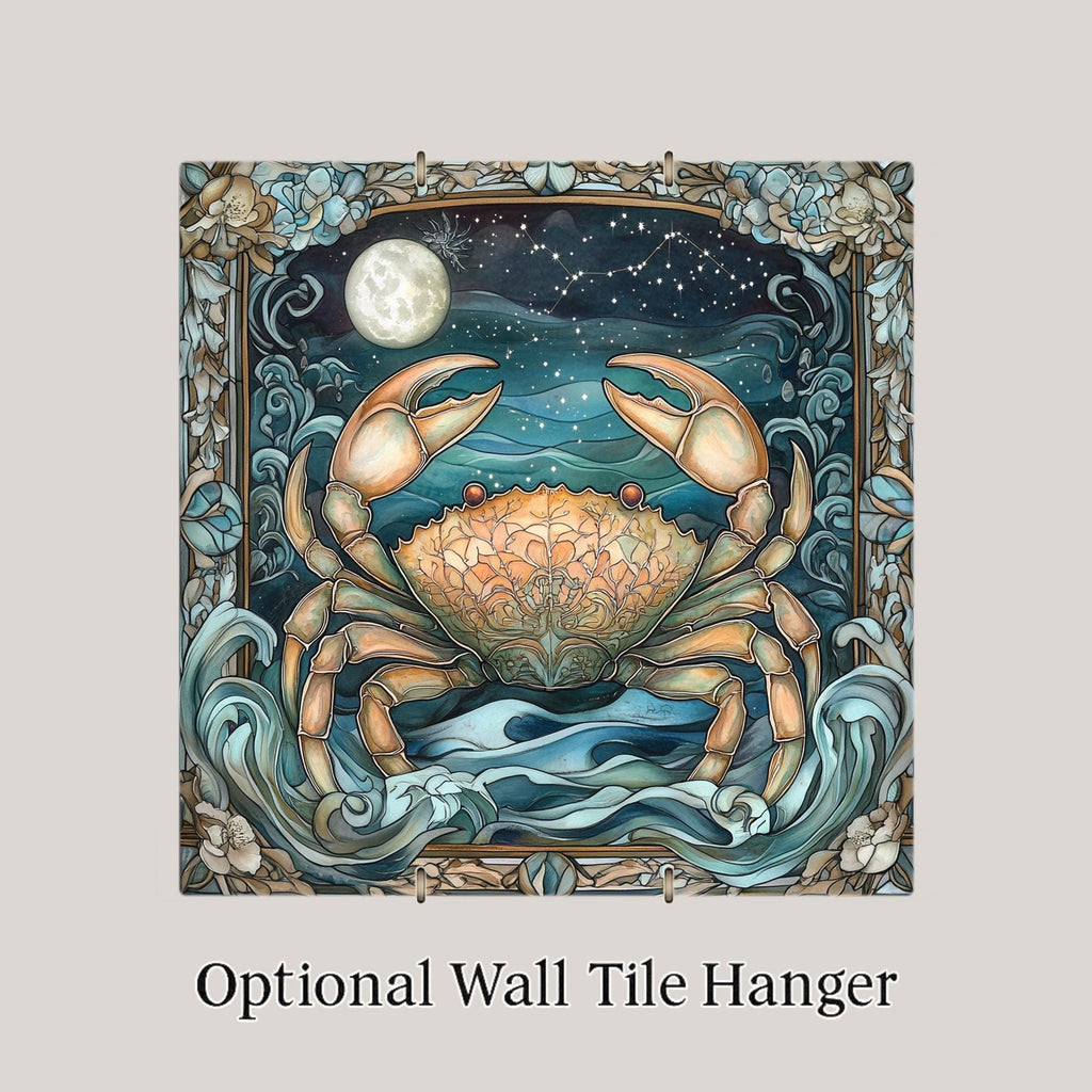 Cancer Zodiac Stained Glass Style Ceramic Art Tile – Celestial Moon Crab Wall Decor, Coastal Star Sign Birthday Accent