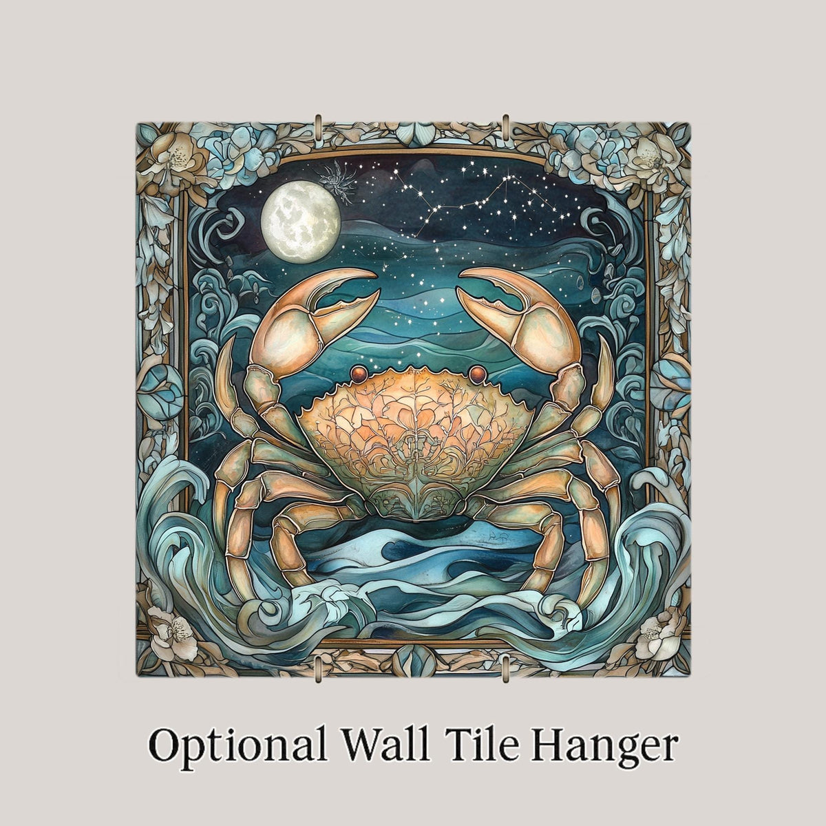 Cancer Zodiac Stained Glass Style Ceramic Art Tile – Celestial Moon Crab Wall Decor, Coastal Star Sign Birthday Accent
