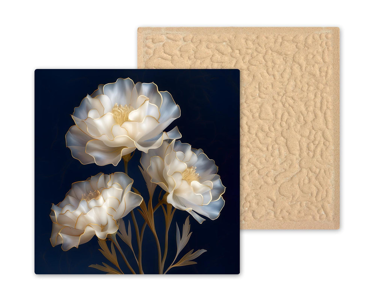White Carnation Wall Art Ceramic Tile Stained Glass Style Floral Decor Elegant Ivory Botanical Home Gift Tile