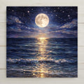 A stained glass–style ceramic tile artwork showing a full moon glowing over a calm ocean at night. Moonlight reflects across rolling waves beneath a star-filled sky, creating a peaceful coastal night scene. Printed artwork on ceramic tile with optional wall hanger, easel tile stand, cork backing, or premium frame available.