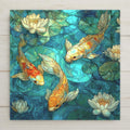 A vibrant koi pond ceramic tile featuring stained-glass style koi swimming among lotus leaves in glowing blue and gold tones. A calming nature-themed wall art piece perfect for zen décor, garden lovers, or tranquil home spaces. Optional tile wall hanger, easel tile stand, cork backing, or premium display frame available.