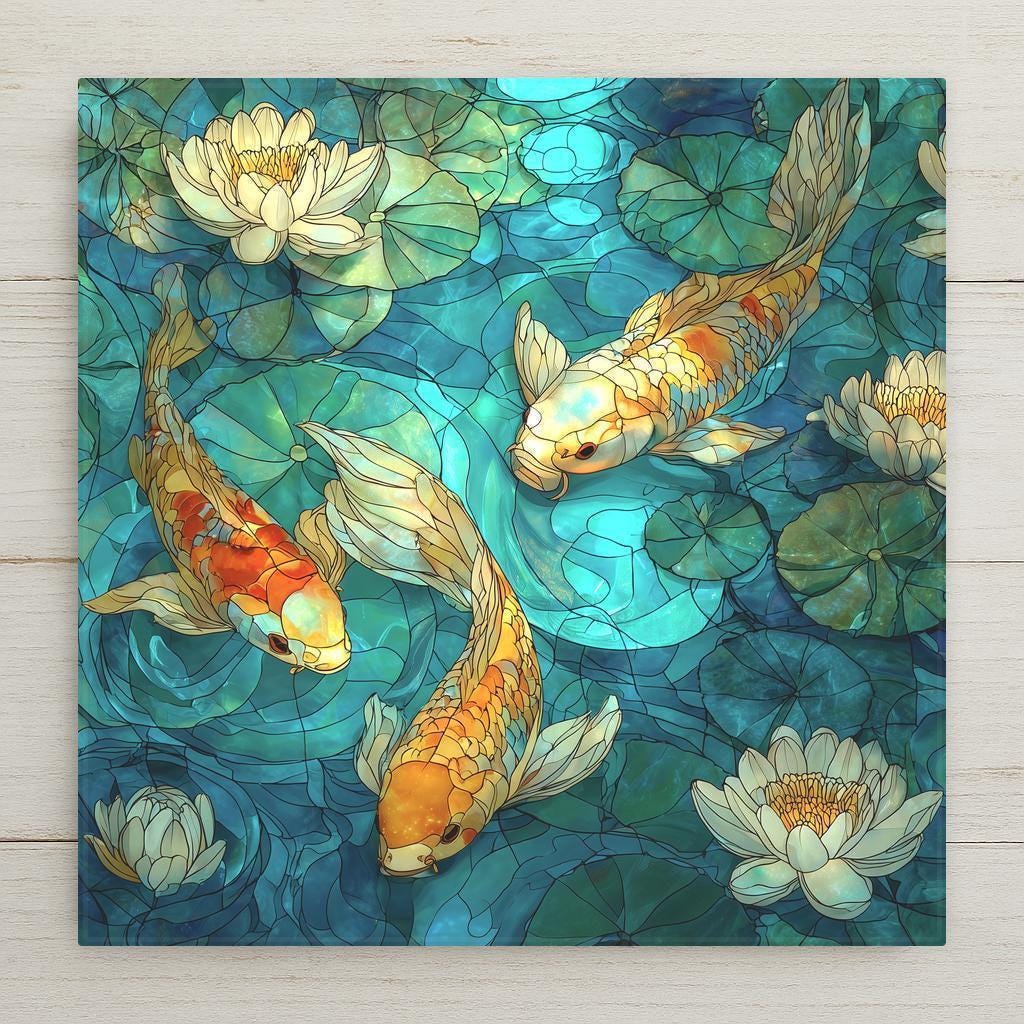 A vibrant koi pond ceramic tile featuring stained-glass style koi swimming among lotus leaves in glowing blue and gold tones. A calming nature-themed wall art piece perfect for zen décor, garden lovers, or tranquil home spaces. Optional tile wall hanger, easel tile stand, cork backing, or premium display frame available.