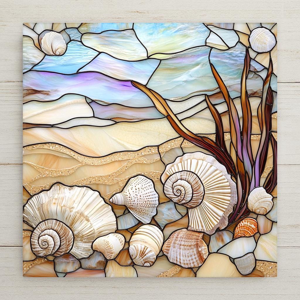 Stained glass-style seashell ceramic tile with coastal beach colors. A perfect beach house wall tile or handmade gift for shell lovers and nautical decor fans.