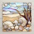 Stained glass-style seashell ceramic tile with coastal beach colors. A perfect beach house wall tile or handmade gift for shell lovers and nautical decor fans.