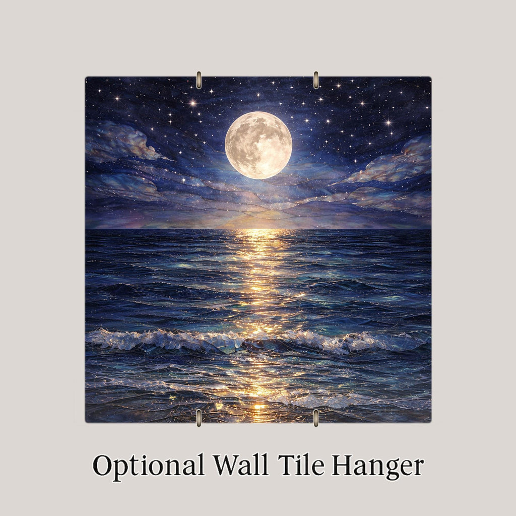 Moonlit Ocean Stained Glass Style Ceramic Art Tile: Coastal Wall Decor Beach House Accent Ocean Home Decor Wall Art Full Moon Ocean Seasc