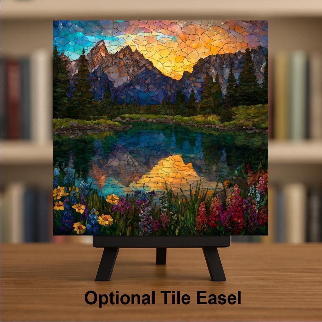 Grand Teton Wall Art Ceramic Tile National Park Gift Stained Glass Style Decor Alpine Mountain Art Travel Lover Gift Tile