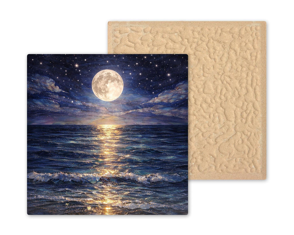 Moonlit Ocean Stained Glass Style Ceramic Art Tile: Coastal Wall Decor Beach House Accent Ocean Home Decor Wall Art Full Moon Ocean Seasc