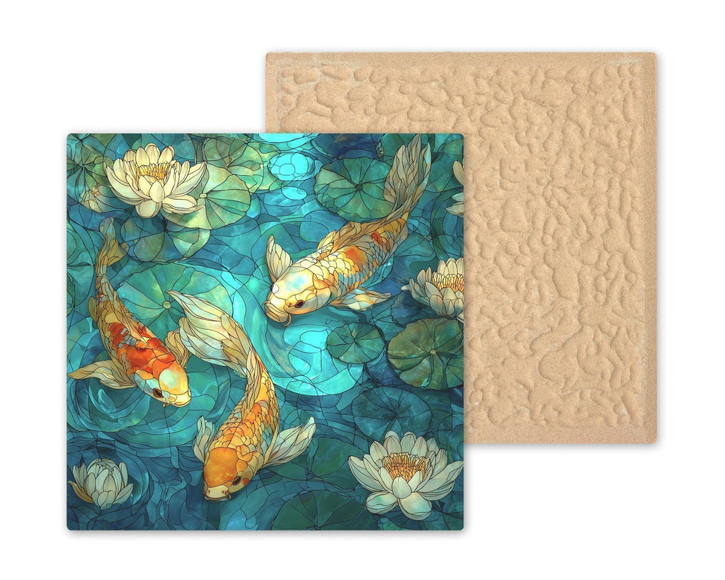 Koi Pond Wall Art Ceramic Tile Stained Glass Style Lotus Garden Zen Home Decor Peaceful Water Nature Art