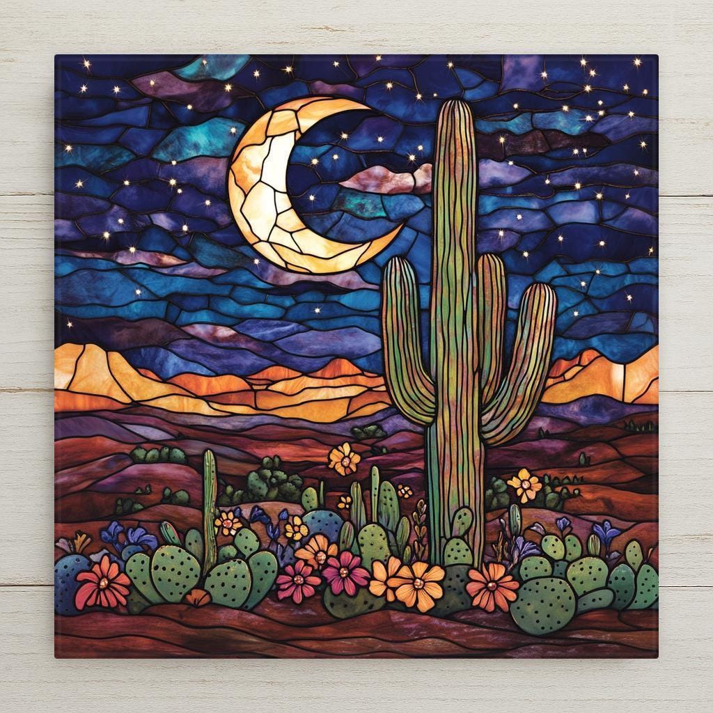 Stained glass style ceramic art tile of a saguaro cactus beneath a glowing crescent moon and starry night sky, with blooming prickly pear and desert flowers below and layered mesas behind, in marbled southwestern desert colors.