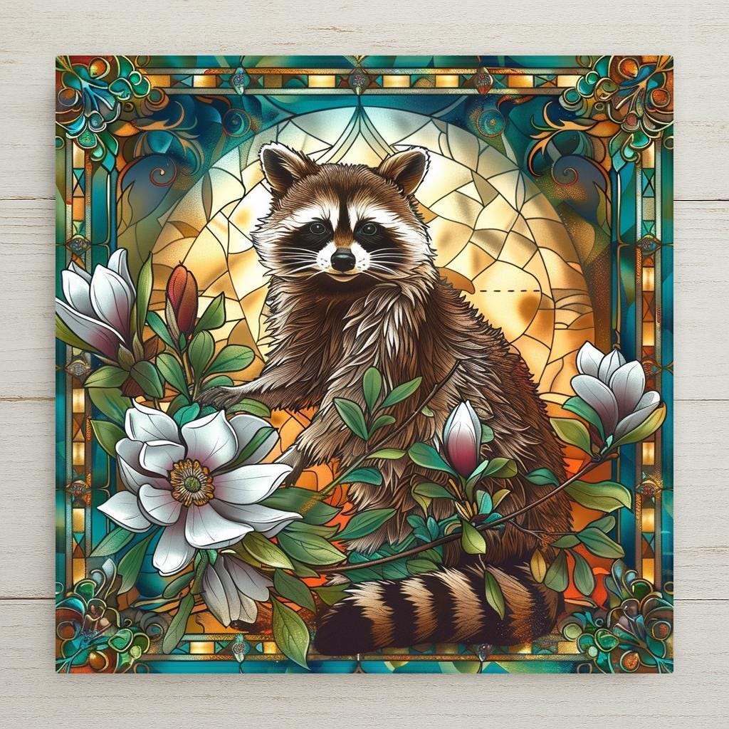Add woodland charm to your home with this whimsical raccoon ceramic tile art. Featuring magnolia blooms and a stained glass style, it’s perfect for animal and nature lovers. Though it looks like stained glass, it’s a permanent ceramic print. Optional add-ons: tile wall hanger, easel tile stand, cork backing. A fun gift or unique decor piece!