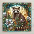 Add woodland charm to your home with this whimsical raccoon ceramic tile art. Featuring magnolia blooms and a stained glass style, it’s perfect for animal and nature lovers. Though it looks like stained glass, it’s a permanent ceramic print. Optional add-ons: tile wall hanger, easel tile stand, cork backing. A fun gift or unique decor piece!