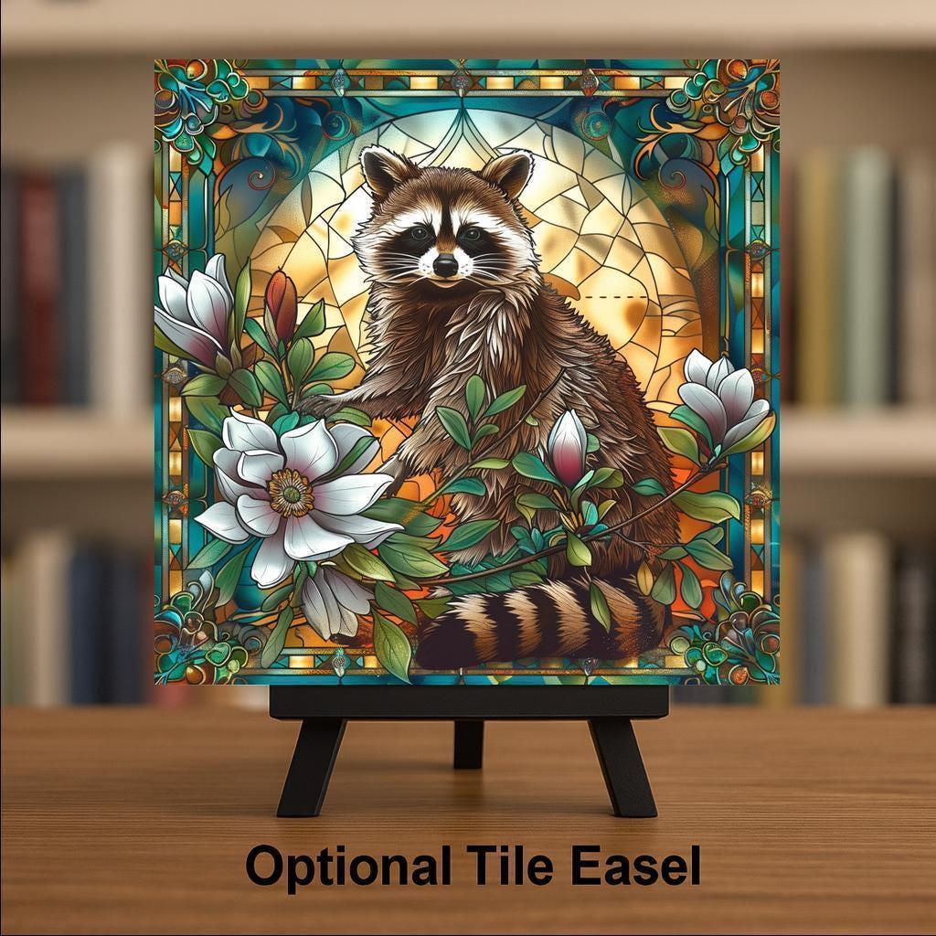 Raccoon Wall Art Ceramic Tile Woodland Gift Cottage Decor Raccoon Lover Art Nature Gift Tile Stained Glass Style