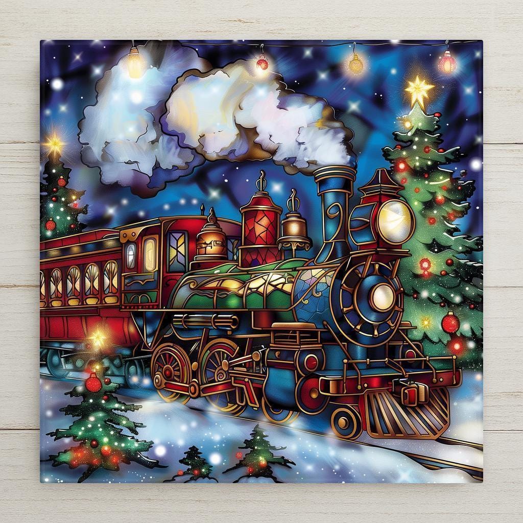 Stained glass–style ceramic tile featuring a glowing Christmas train with festive holiday trees. While it may look like stained glass or mosaic, this is a permanent print on tile. Printed with premium inks for lasting color. Optional add-ons include a tile wall hanger, easel tile stand, or cork backing. Perfect for holiday décor and festive Christmas gifts.
