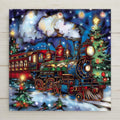 Stained glass–style ceramic tile featuring a glowing Christmas train with festive holiday trees. While it may look like stained glass or mosaic, this is a permanent print on tile. Printed with premium inks for lasting color. Optional add-ons include a tile wall hanger, easel tile stand, or cork backing. Perfect for holiday décor and festive Christmas gifts.