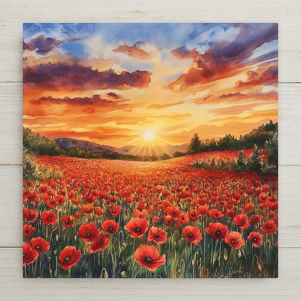 Vibrant red poppies glow under a stunning sunset in this handmade ceramic tile. A beautiful nature-themed wall accent and perfect gift for flower lovers.