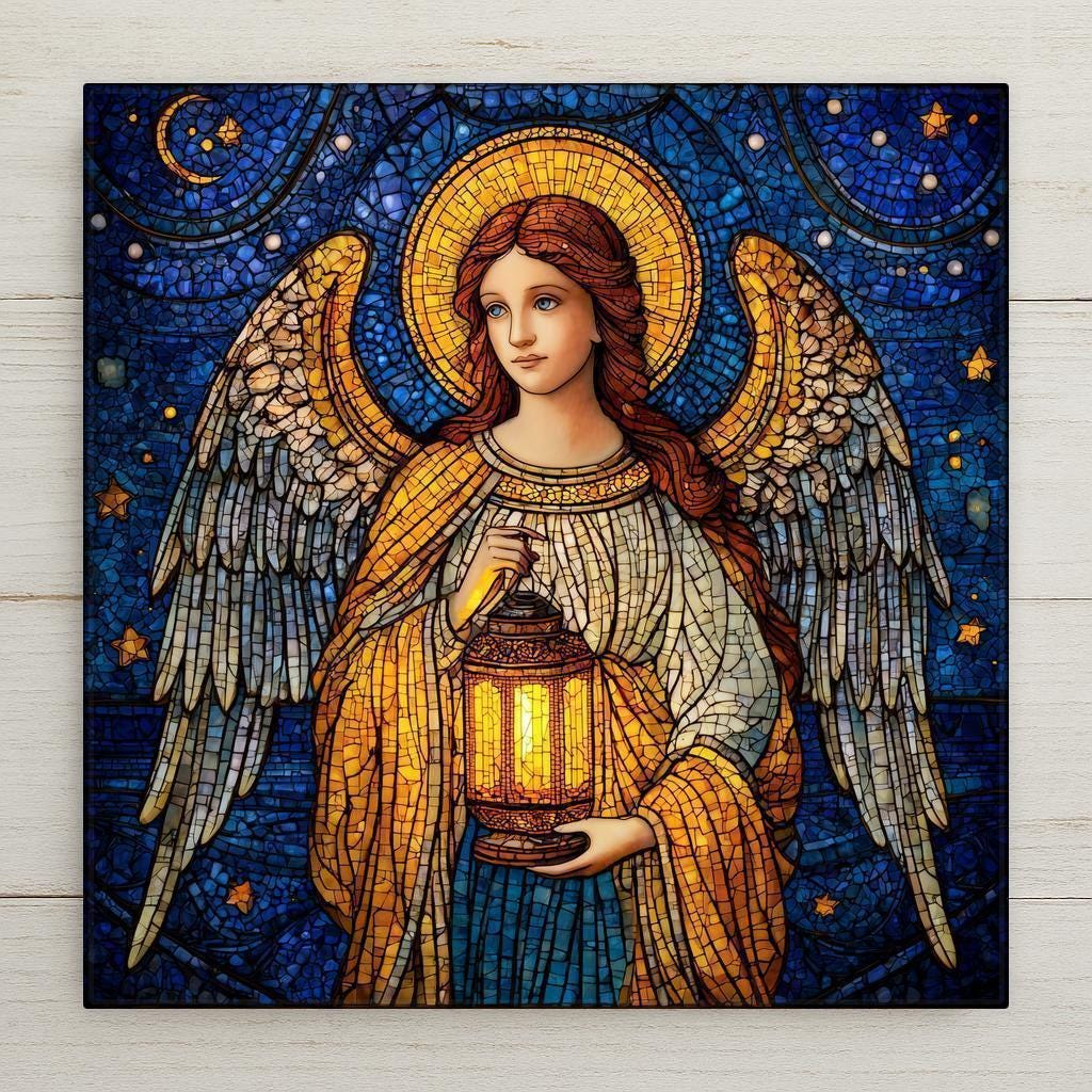Stained glass-style angel holding a glowing lantern against a deep blue starry sky, golden halo and wings detailed with mosaic textures, serene spiritual artwork.