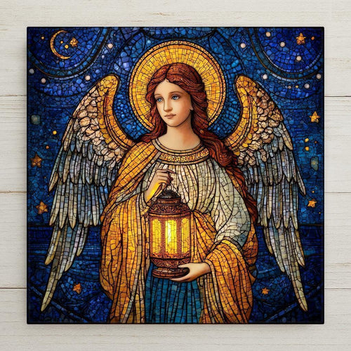 Stained glass-style angel holding a glowing lantern against a deep blue starry sky, golden halo and wings detailed with mosaic textures, serene spiritual artwork.