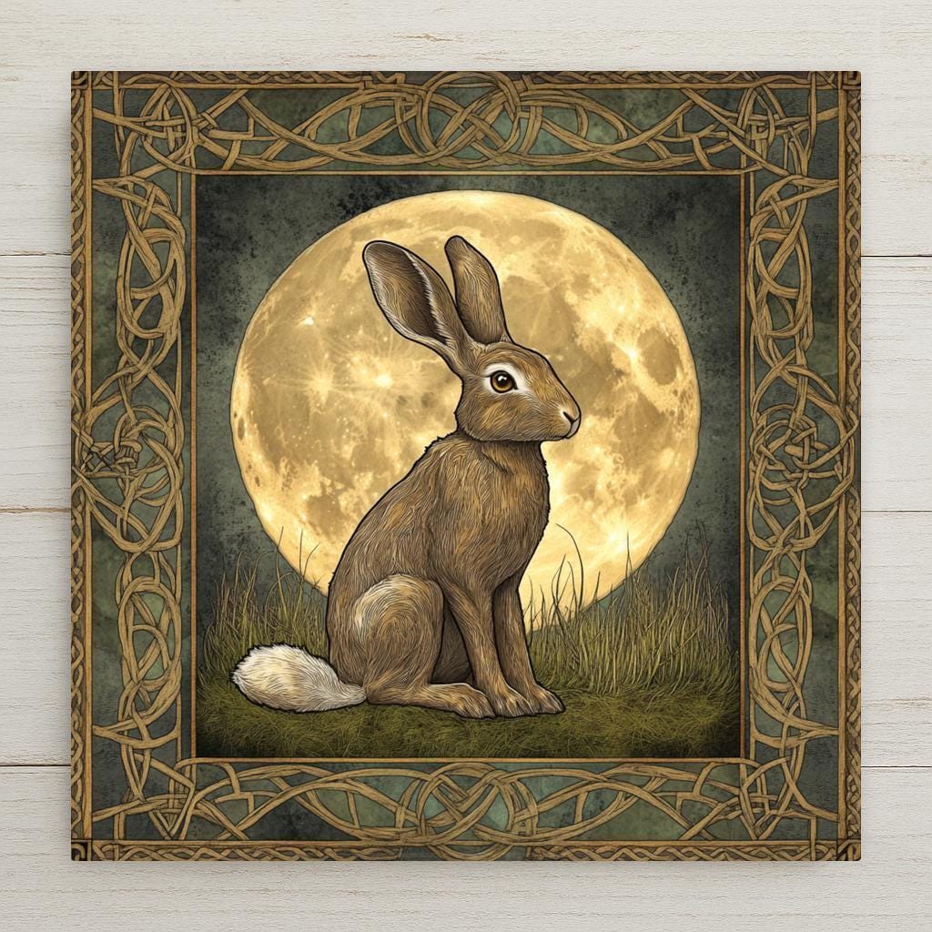 This handmade ceramic tile features a Celtic hare under a glowing full moon, framed by knotwork. Earth-toned and nature-inspired, it’s perfect for rustic homes or as a gift. Optional tile stand, tile wall hanger, and cork backing available.