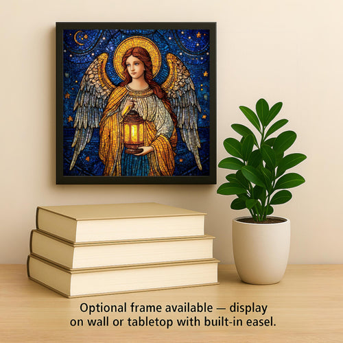 Angel Lantern Ceramic Art Tile – Stained Glass Style Guardian Wall Decor, Spiritual Inspirational Faith Gift