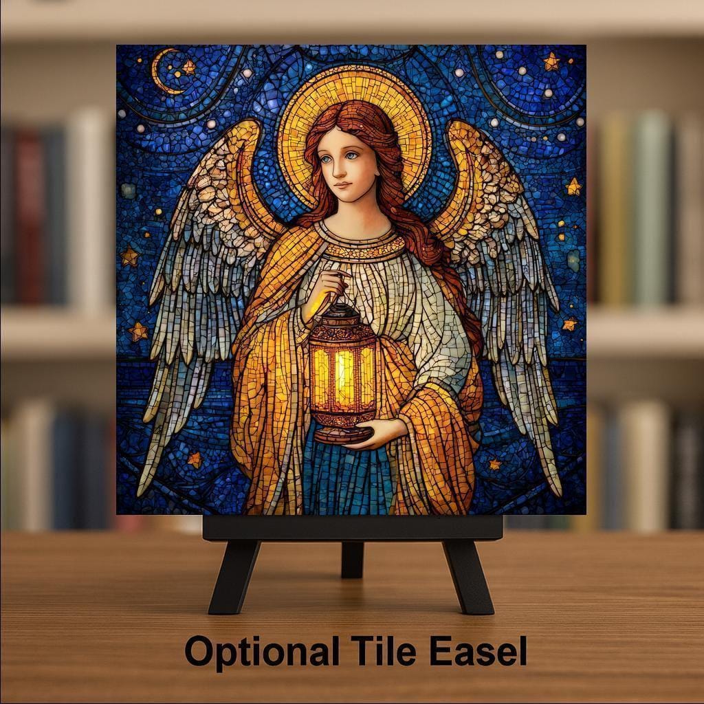 Angel Lantern Ceramic Art Tile – Stained Glass Style Guardian Wall Decor, Spiritual Inspirational Faith Gift