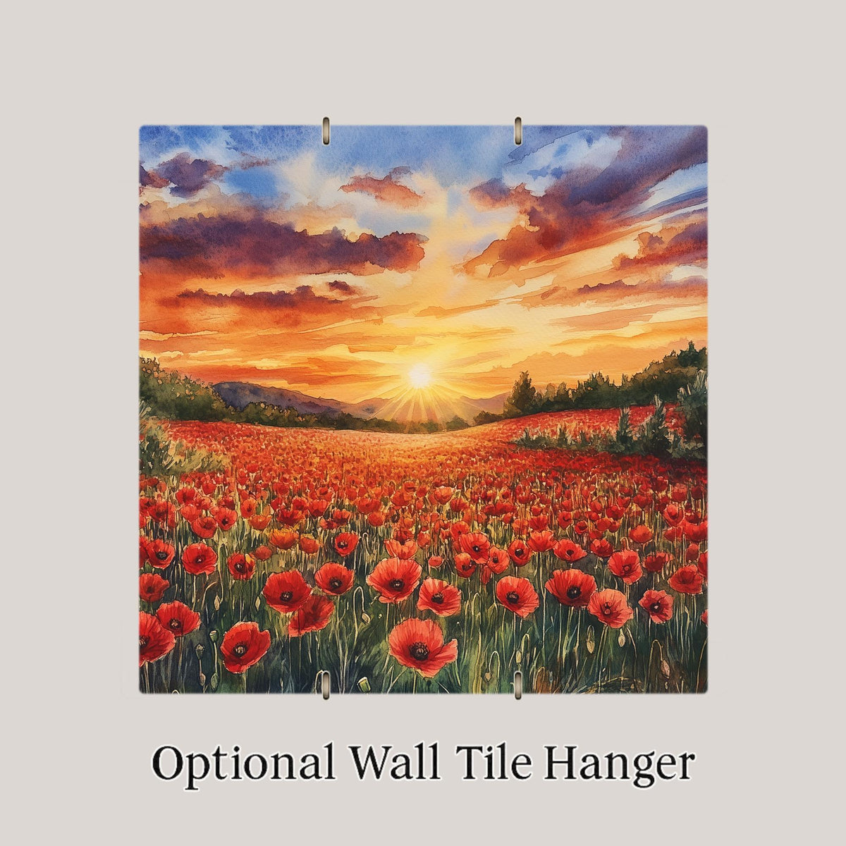 Red Poppy Field Ceramic Art Tile – Sunset Floral Wall Decor, Cottagecore Wildflower Gift