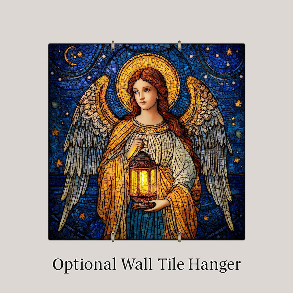Angel Lantern Ceramic Art Tile – Stained Glass Style Guardian Wall Decor, Spiritual Inspirational Faith Gift