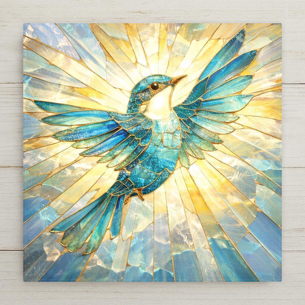 Stained glass–style bluebird ceramic tile wall art featuring a radiant bird in flight with blue, gold, and cream tones. This is a flat, permanent print on ceramic tile, not real stained glass. Ideal for coastal home decor, bird lovers, and nature-inspired wall decor. Optional tile wall hanger, easel stand, cork backing, and premium frame available.