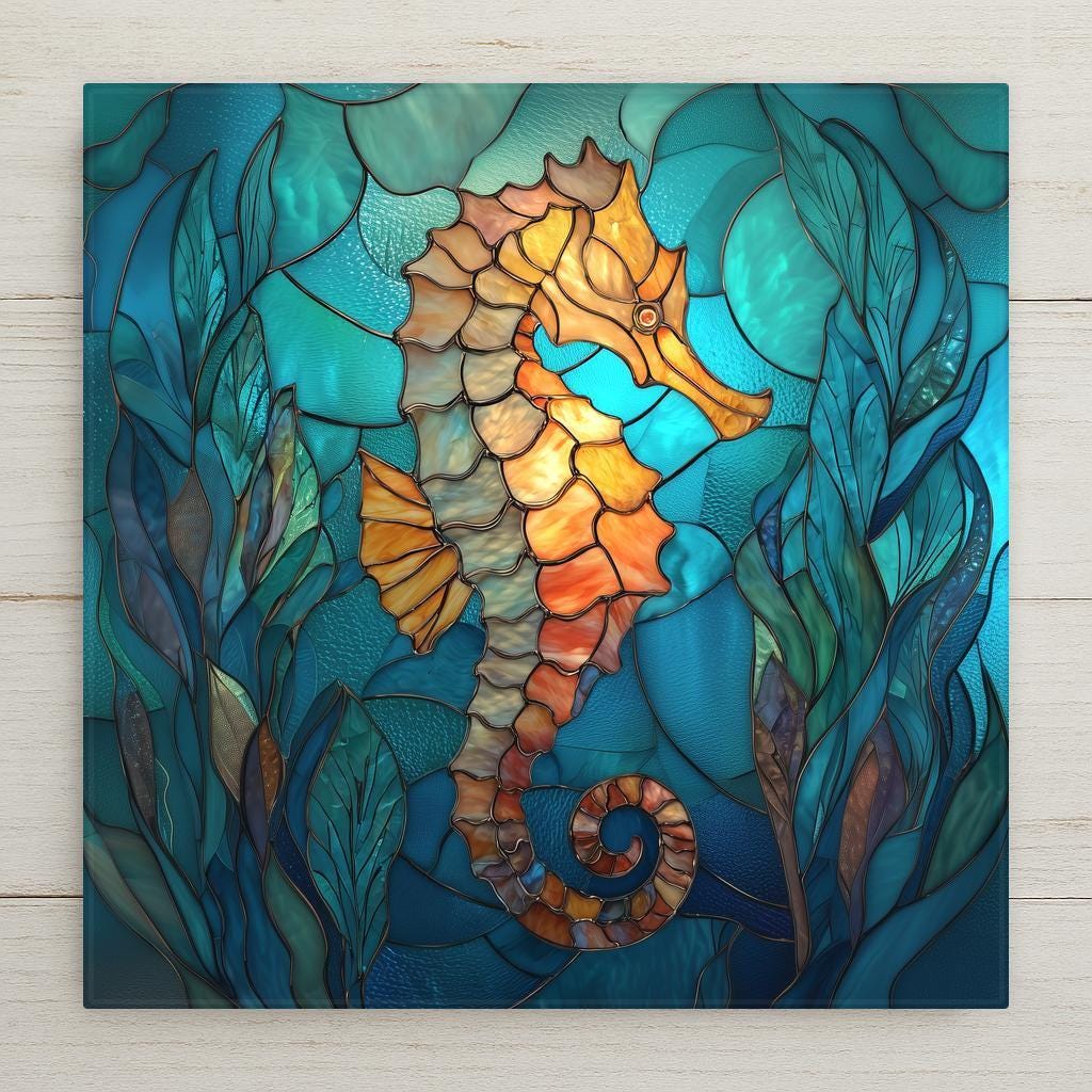 Stained glass style seahorse ceramic tile in glowing coral and gold tones surrounded by teal ocean water and flowing seaweed.