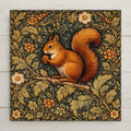 William Morris style ceramic art tile of a red squirrel on a branch surrounded by dense acanthus foliage and small terracotta and cream flowers, in a vintage woodland tapestry pattern.