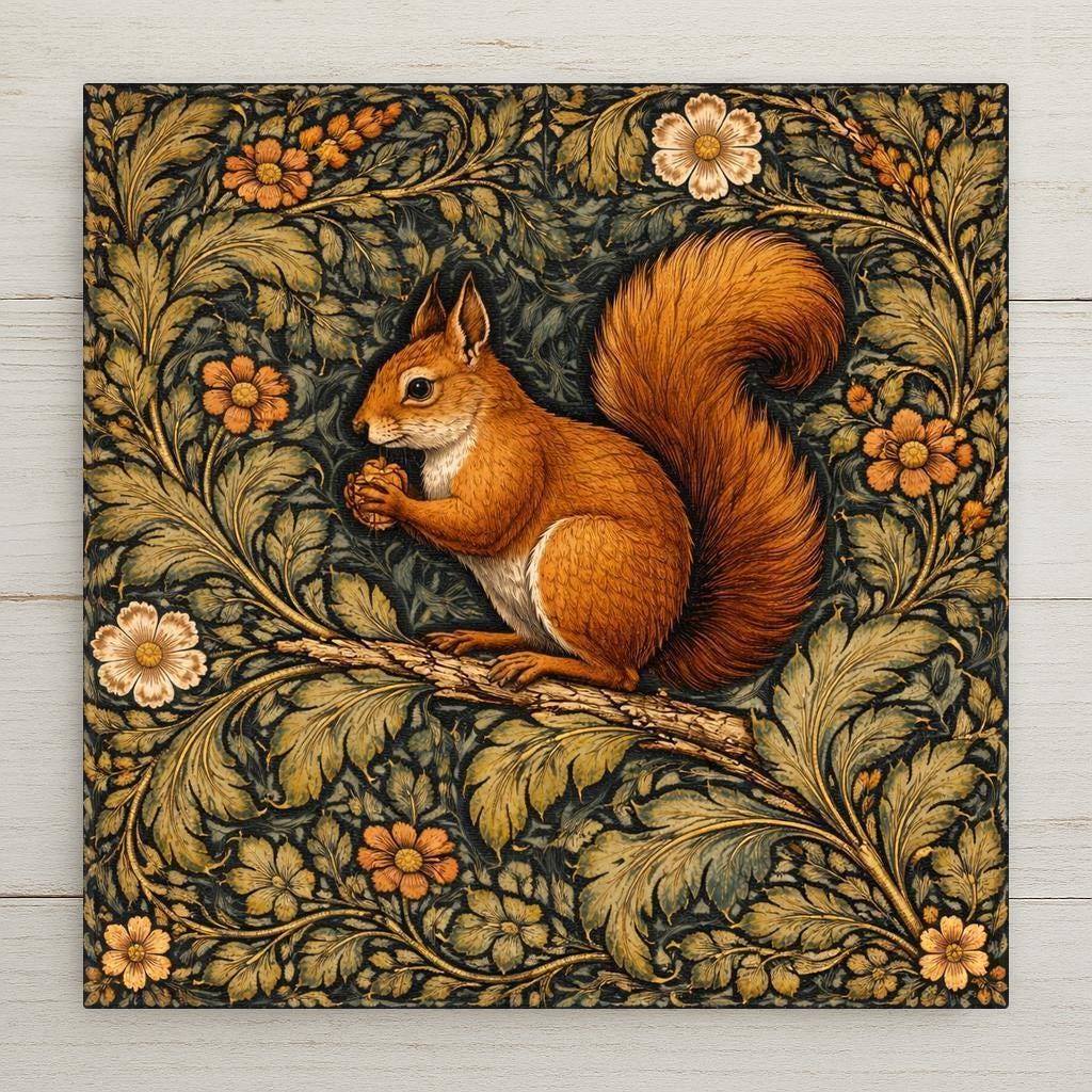 William Morris style ceramic art tile of a red squirrel on a branch surrounded by dense acanthus foliage and small terracotta and cream flowers, in a vintage woodland tapestry pattern.