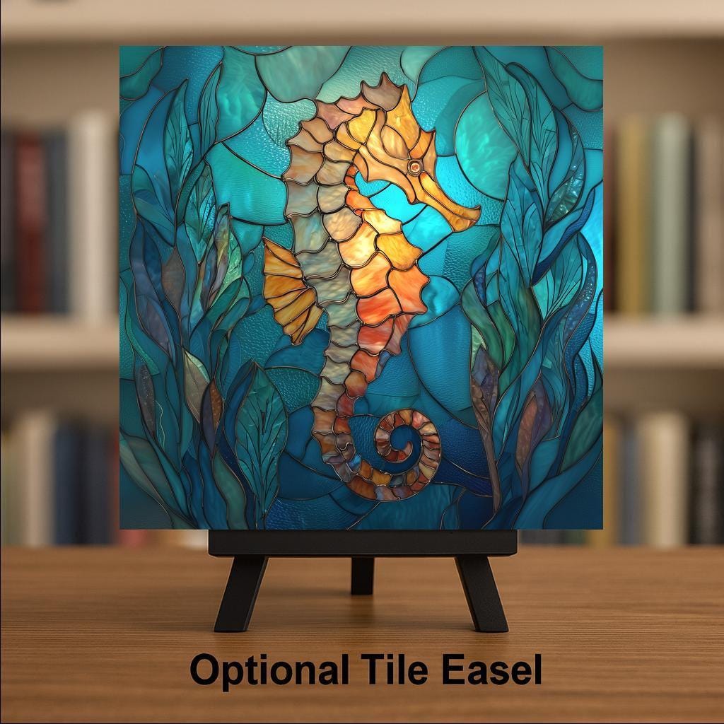 Seahorse Stained Glass Style Ceramic Art Tile – Coastal Beach House Wall Decor, Nautical Sea Life Gift