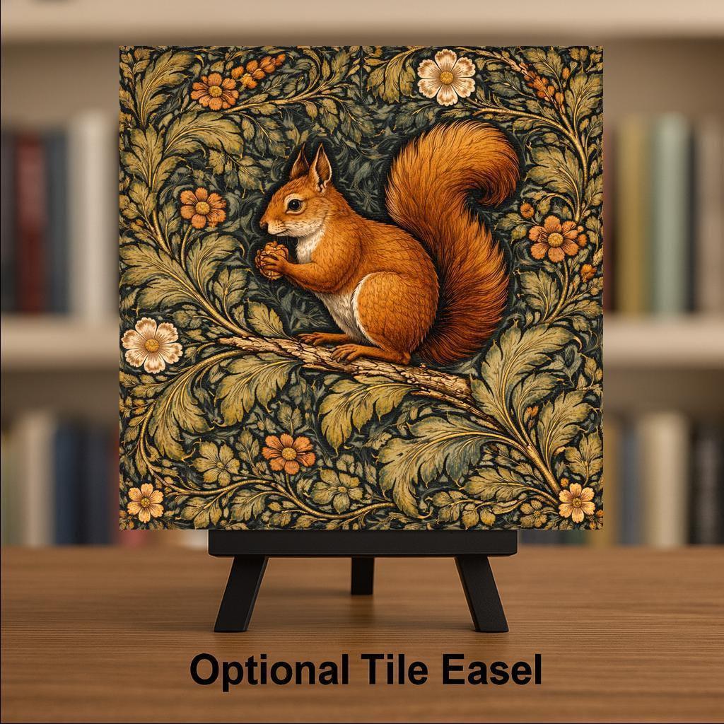 Squirrel William Morris Style Ceramic Art Tile – Woodland Forest Tapestry Wall Decor, Cottagecore Cabin Accent