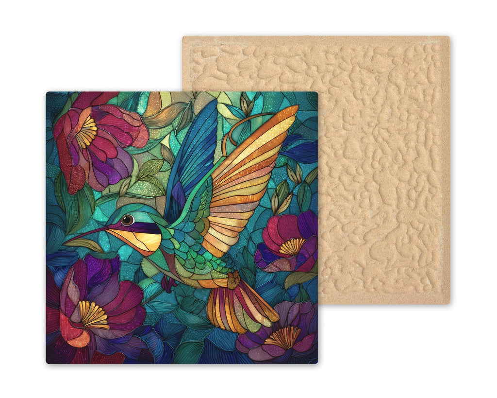 Hummingbird Stained Glass Style Ceramic Art Tile – Floral Nature Wall Decor, Colorful Garden Bird Gift