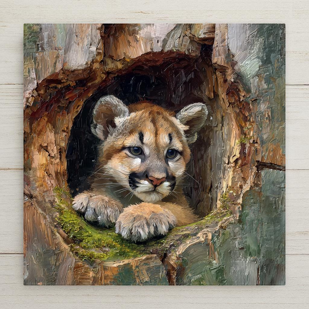 Baby mountain lion ceramic tile with a warm woodland design. Perfect for rustic home decor and cabin wall art. Durable printed ceramic tile. Optional tile wall hanger, easel tile stand, cork backing, and premium frame available. Not stained glass or sculpted material.