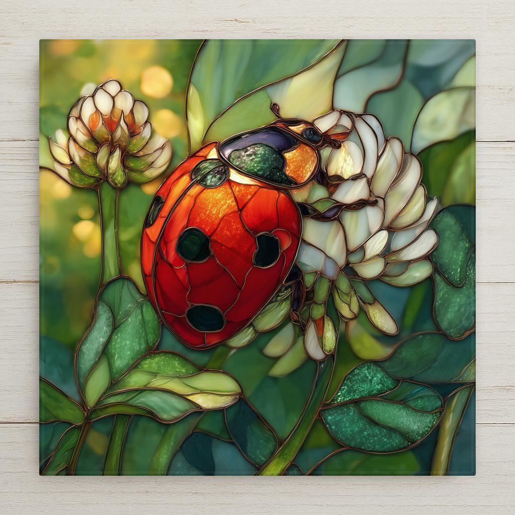 Close-up red ladybug on white clover flower with soft green background in stained glass style, ceramic tile wall art.