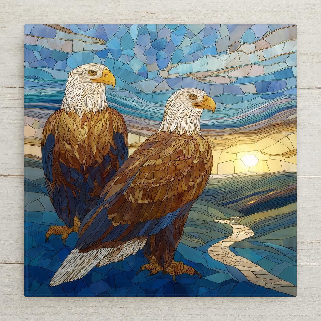 Stained glass style ceramic art tile of two bald eagles perched together against a sunset sky and winding river, in leaded glass panels — a patriotic americana and service-appreciation wall decor.