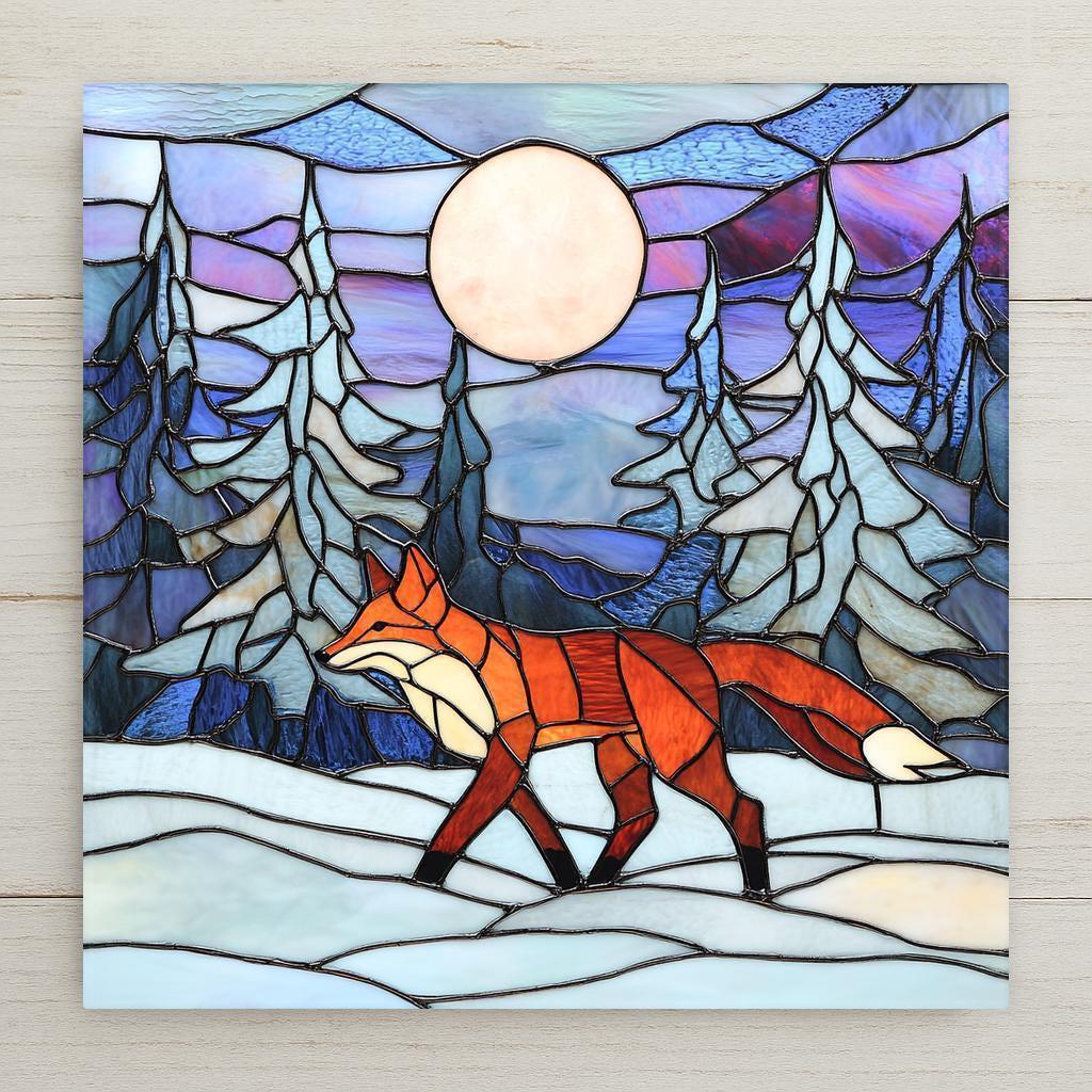 Stained glass-style ceramic tile of a red fox in a snowy forest beneath a full moon wall art. A perfect woodland decor accent or rustic nature-themed gift.