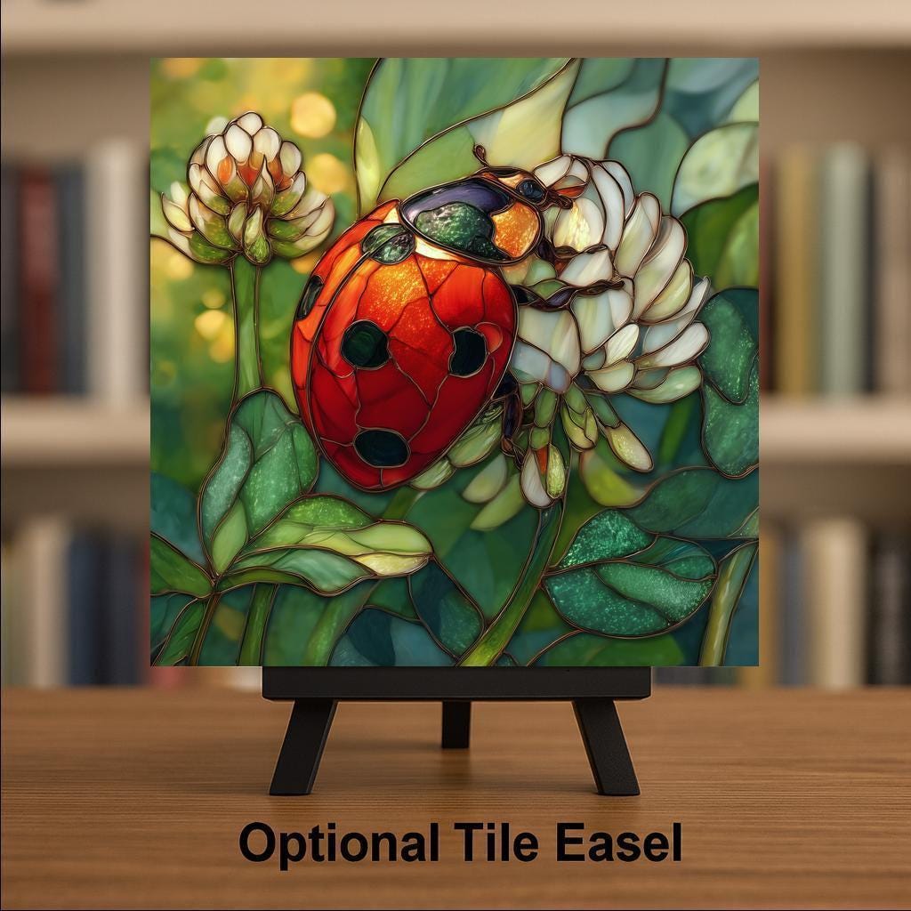 Ladybug Wall Art Ceramic Tile – Stained Glass Style Clover Blossom Decor, Lucky Garden Insect Art, Cottagecore Botanical Home Decor