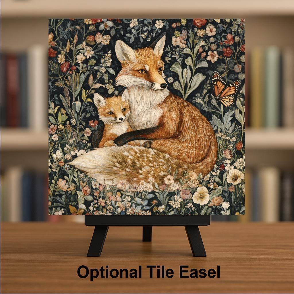 Fox Wall Art Ceramic Tile William Morris Gift Art Nouveau Fox Lover Nature Art Woodland Decor Botanical Pair Gift