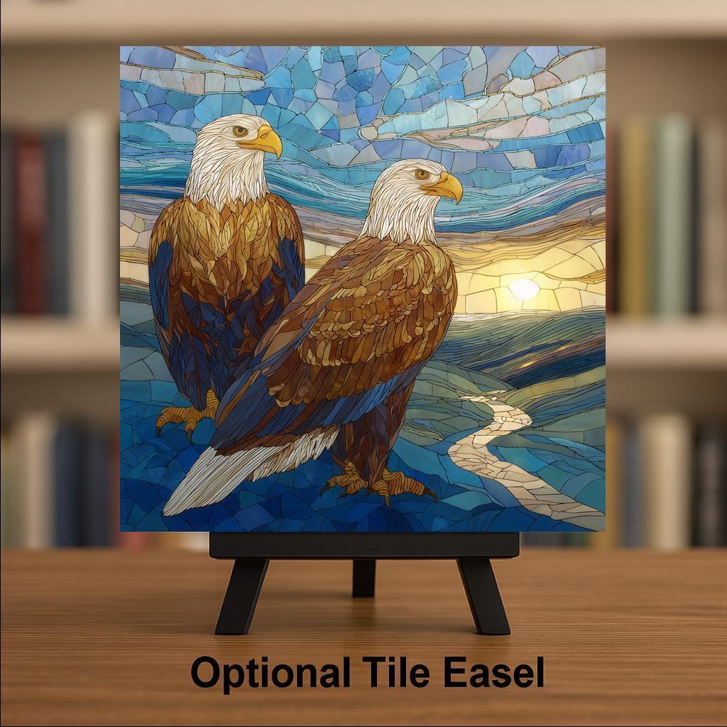 Bald Eagle Pair Stained Glass Style Ceramic Art Tile – Patriotic Americana Wall Decor, First Responder Service Accent